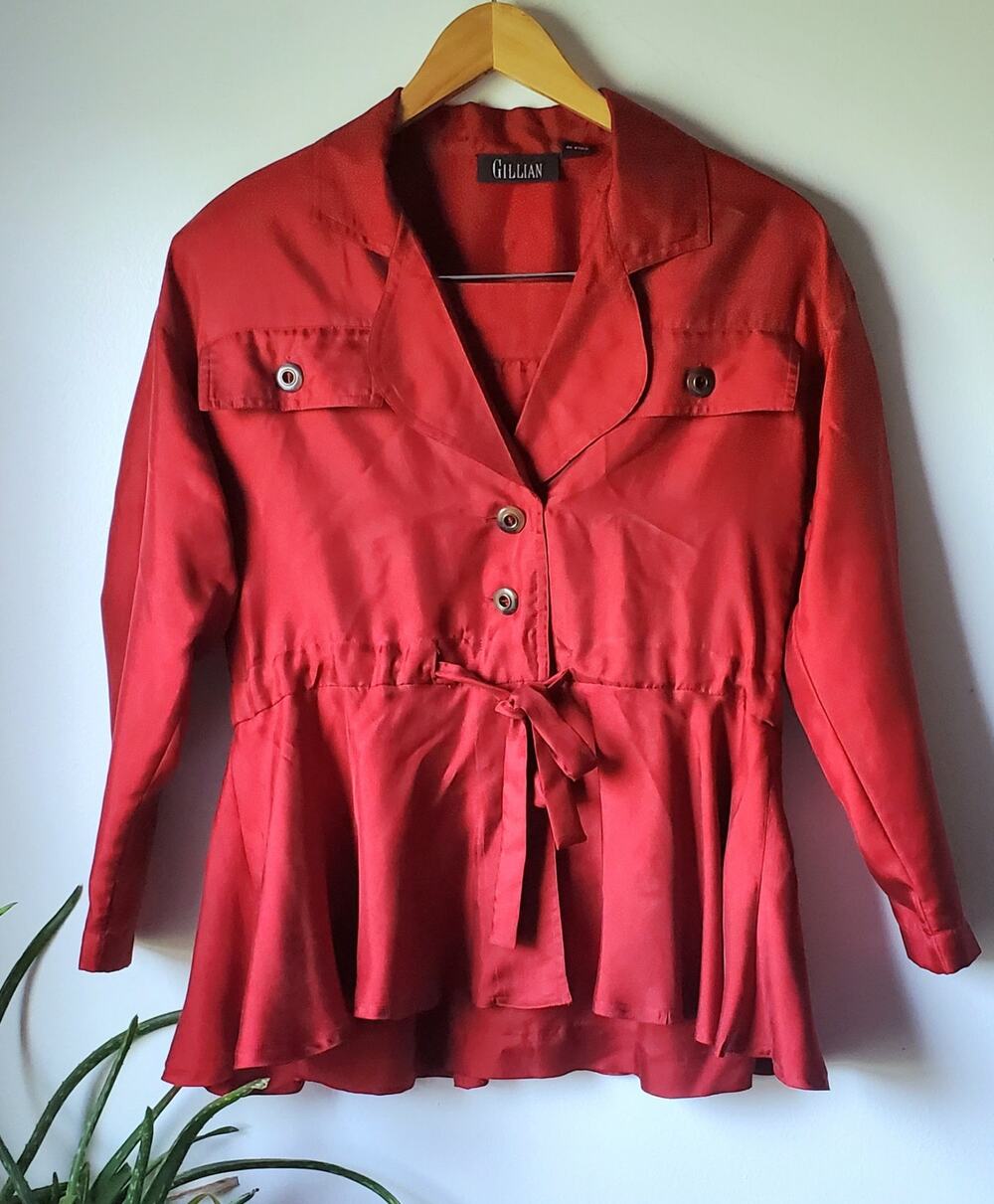 Vintage Gillian Womens Red Peplum 100% Silk Suit Size 2 Retro Fall Classy 80s